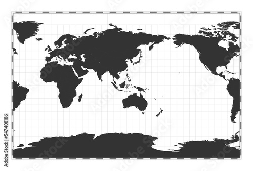 Vector world map. Cylindrical stereographic projection. Plan world geographical map with latitude/longitude lines. Centered to 120deg W longitude. Vector illustration.