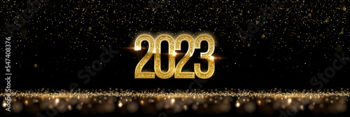 2023 Happy New Year greeting card vector illustration. 2023 golden numbers with gold falling confetti decoration and glow light effect, festive sparkle of tinsel texture in holiday design background.