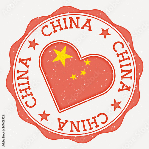 China heart flag logo. Country name text around China flag in the shape of a heart. Astonishing vector illustration.