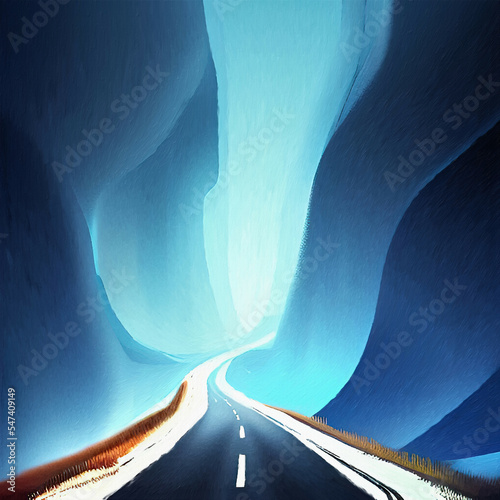 Abstract digital fluid art painting road between mountains, freedom journey design