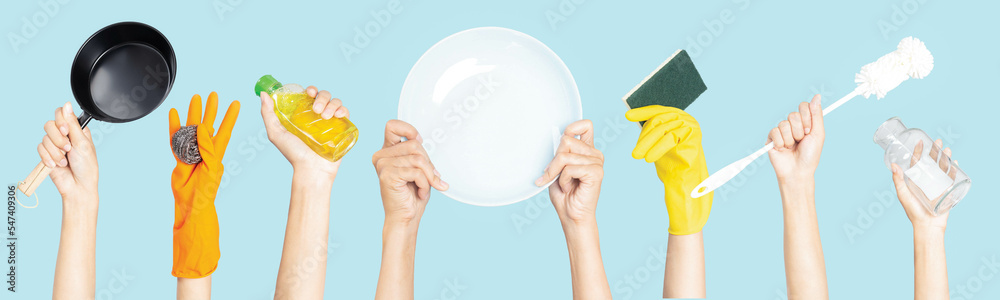 custom made wallpaper toronto digitalDishwashing equipment, female hand holding various kinds of dish cleaning utensils, cleaners, rubber gloves, sponges, pot scrubber, bottle brush, on blue background, kitchenware cleaning concept