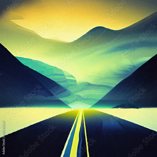 Abstract digital fluid art painting road between mountains, freedom journey design © Avgustus