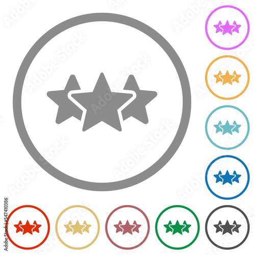 Three star rating solid flat color icons in round outlines