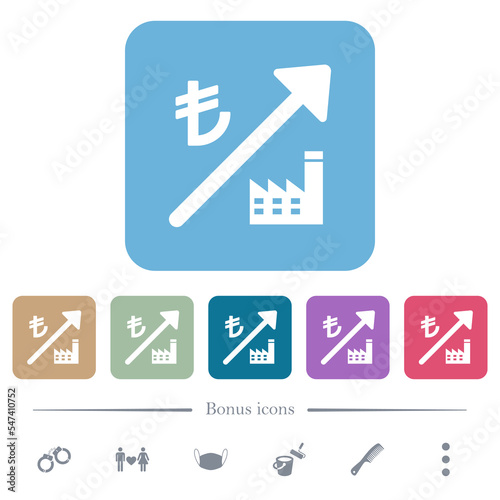 Rising power plant turkish Lira prices flat icons on color rounded square backgrounds