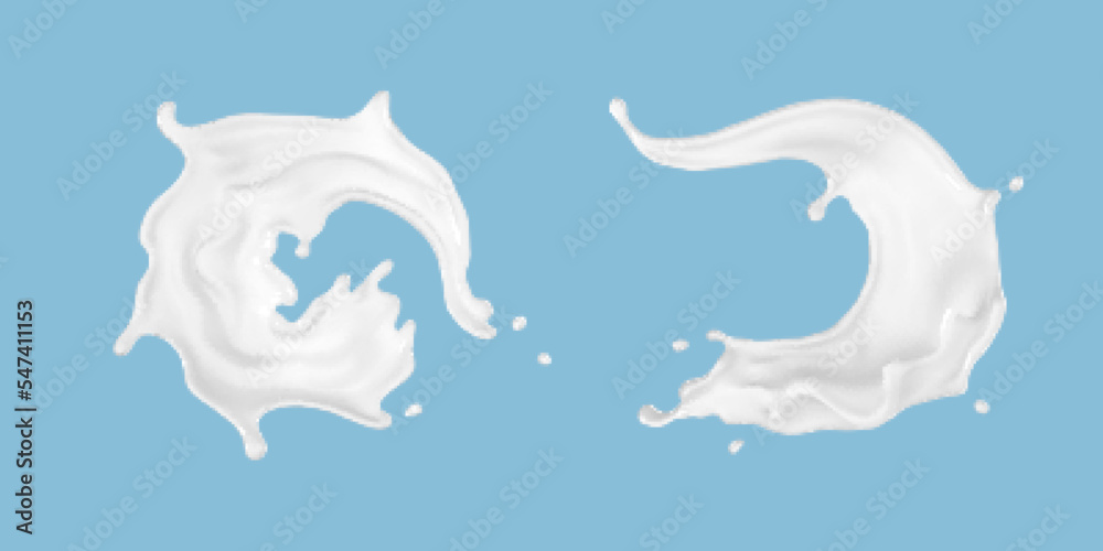 Fototapeta premium Milk splash set isolated on blue background. Realistic vector illustration