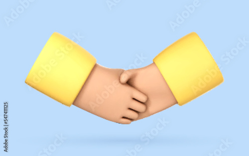 3D cartoon handshake icon on blue background. Business concept of partnership, cooperation, successful deal. Hand shake symbol. Vector 3d Illustration