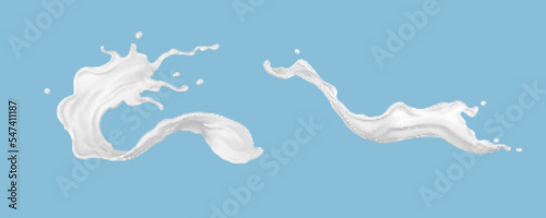 Milk splashes isolated on blue background. Realistic vector illustration