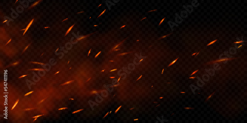 Realistic fire sparks on transparent background. Vector illustration of burning particles and smoke