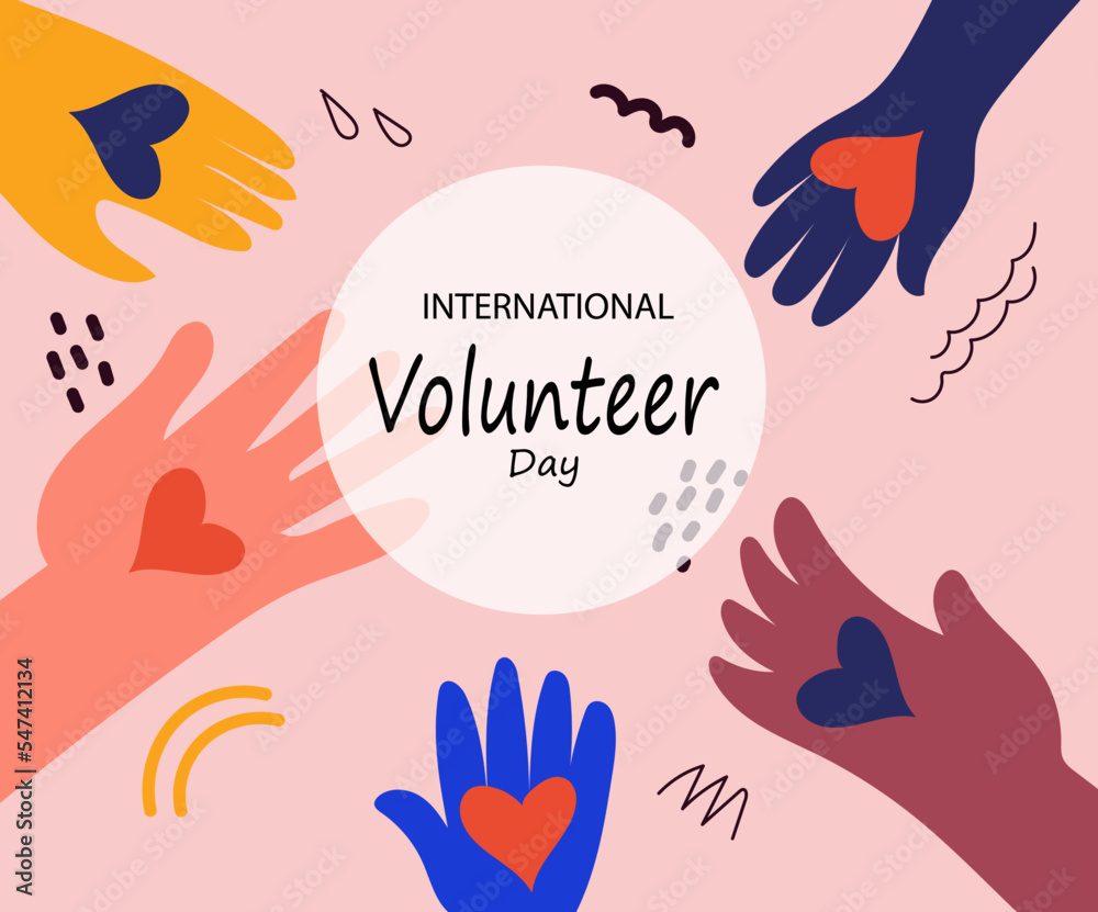 Fototapeta premium International volunteer day awareness. Continuous line palms hold hearts.Vector doodle illustration for banner, poster social media.