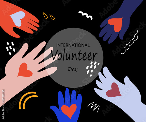 International volunteer day awareness. Continuous line palms hold hearts.Vector doodle illustration for banner, poster social media.