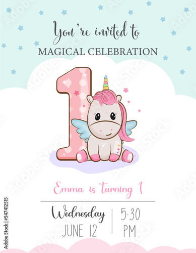 Happy first birthday candle with magical unicorn horse with roses baby girl greeting card vector