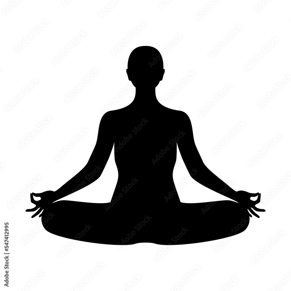 Woman sitting in yoga pose silhouette icon vector. Meditating person icon isolated on a white background. Girl sitting in yoga lotus position black silhouette graphic design element