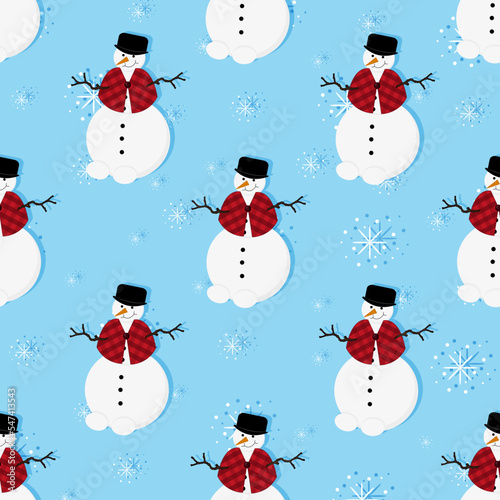 Seamless pattern a snowman in a bowler hat and plaid cape, hands made of branches on blue background with falling snowflakes and inscription hello happy winter. Flat picture with English snowman. 