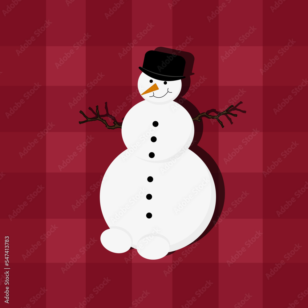 A winter card with a snowman in a bowler hat hands made of branches on red checkered retro plaid background Flat picture with English snowman. A winter card with a snowman in a bowler hat hands made of branches on red checkered retro plaid background Flat picture with English snowman.