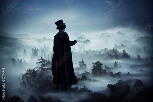 illustration of a magician with dark blue cloak between mist clouds
