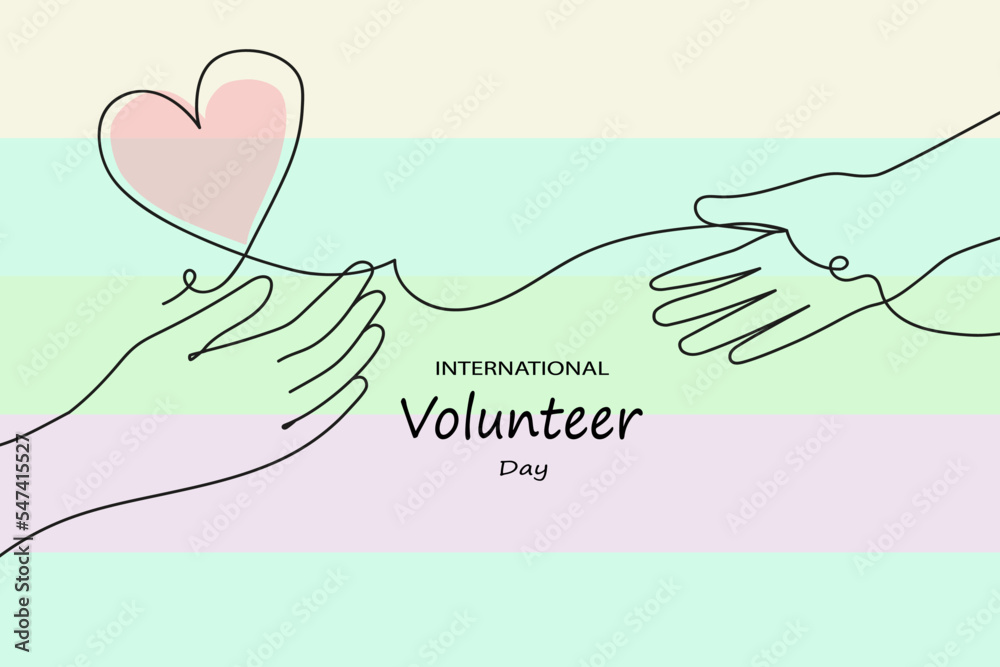 International volunteer day awareness. Continuous line palms hold hearts.Vector doodle illustration for banner, poster social media. International volunteer day awareness. Continuous line palms hold hearts.Vector doodle illustration for banner, poster social media.