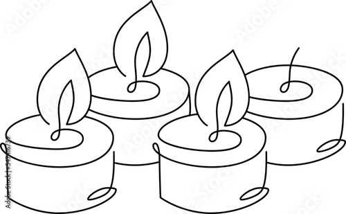 Hand drawn continuous one line four candles vector icon. Christmas advent three burning cundles. Outline illustration for greeting card, web design isolated holiday invitation on white background