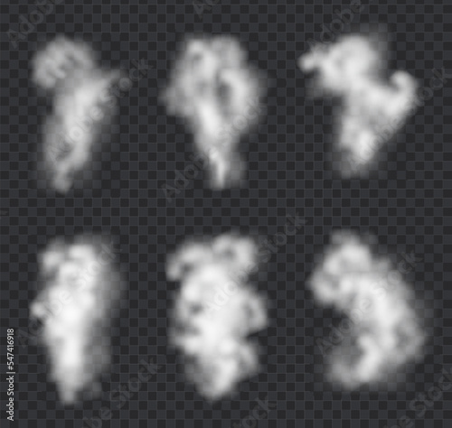 Smoke vector collection, isolated, transparent background. Set of realistic white smoke steam, waves from coffee, tea