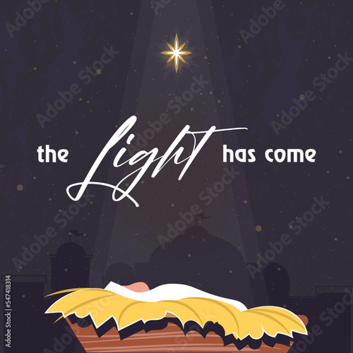 Christmas scene of baby Jesus in the manger at night with big Bethlehem star minimalistic background. Christian Nativity with text the light has come, vector banner. The birth of Jesus template