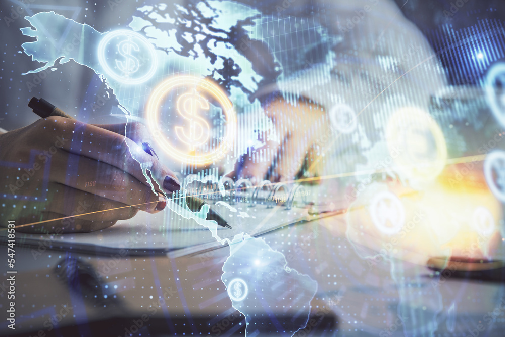 Double exposure of woman's hands making notes with forex graph hologram. Concept technical analysis. Double exposure of woman's hands making notes with forex graph hologram. Concept technical analysis.