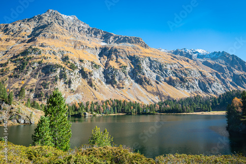 Beautiful view of Lake Cavloc in Maloja region, Switzerland on a sunny October afternoon photo