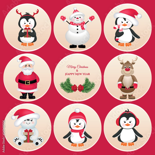 Fototapeta Naklejka Na Ścianę i Meble -  Set of Cute Premium Christmas Stickers