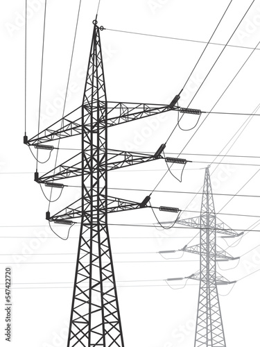 High voltage transmission systems. Electric pole. Power lines. A network of interconnected electrical. City scene. Black otlines on white background. Vector design illustration