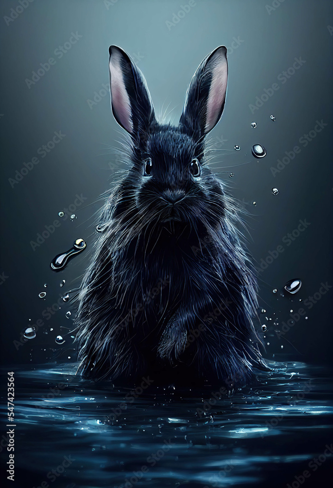 Black rabbit in water, water splash and drops, Year of the Black Water