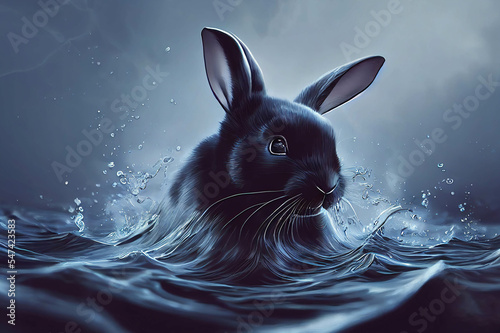 Fotografiet Pretty black rabbit in water, Year of the Black Water Rabbit, AI generated image