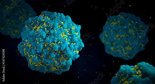 HIV Virus Microbiology And Virology Concept.
HIV particles emerging from an infected T cell.
3d Rendering. 3D Illustration. photo