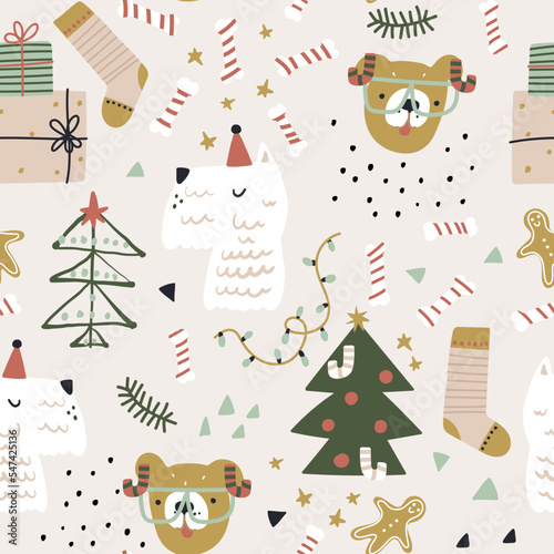 Seamless cartoon pattern with dogs, winter tree, gifts. Holiday xmas texture. Vector illustration