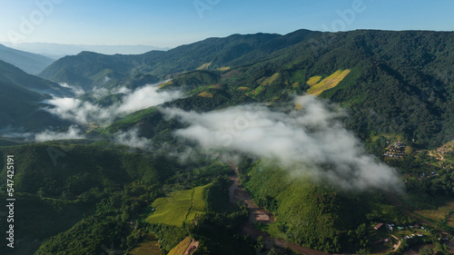 aerial view landscape morning mist and Sapan Village in valley, famous tourist attraction of Nan Province in the northern of Thailand,