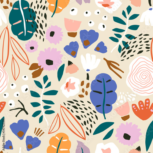 Seamless summer floral pattern. Botanical texture with flowers, berry, branches, leaves. Modern hand drawn floral background. Vector illustration