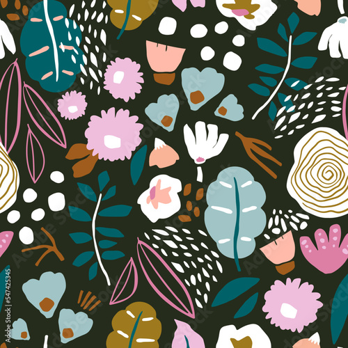 Seamless floral pattern. Botanical texture with flowers, berry, branches, dark leaves. Modern hand drawn floral background. Vector illustration © solodkayamari