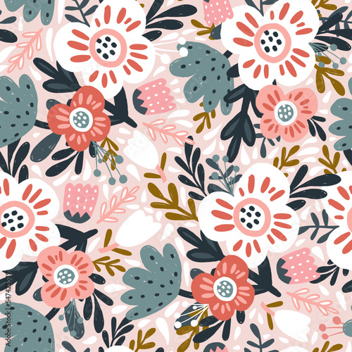 Seamless floral pattern with hand drawn bright bold flowers. Spring summer blossom background. Perfect for fabric design, wallpaper, apparel. Vector illustration