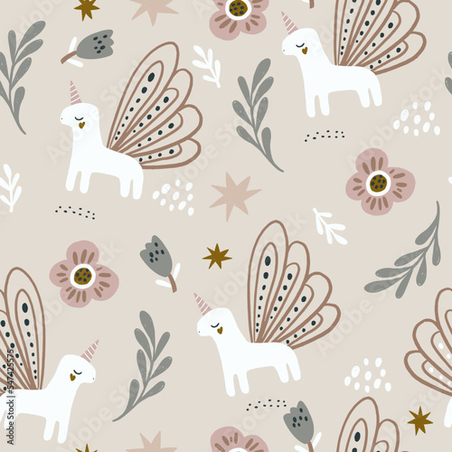 Seamless floral pattern with hand botanicals elements and fairy unicorns. Childish background. Perfect for fabric design, wallpaper, apparel. Vector illustration