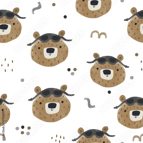 Funny bear pilot watercolour seamless pattern. Childish vector texture with cartoon bear.