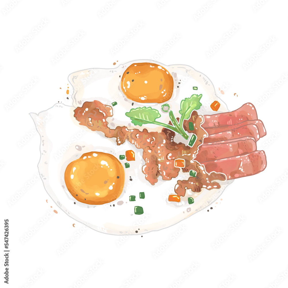 Breakfast bacon and eggs draw by digital watercolor Breakfast bacon and eggs draw by digital watercolor