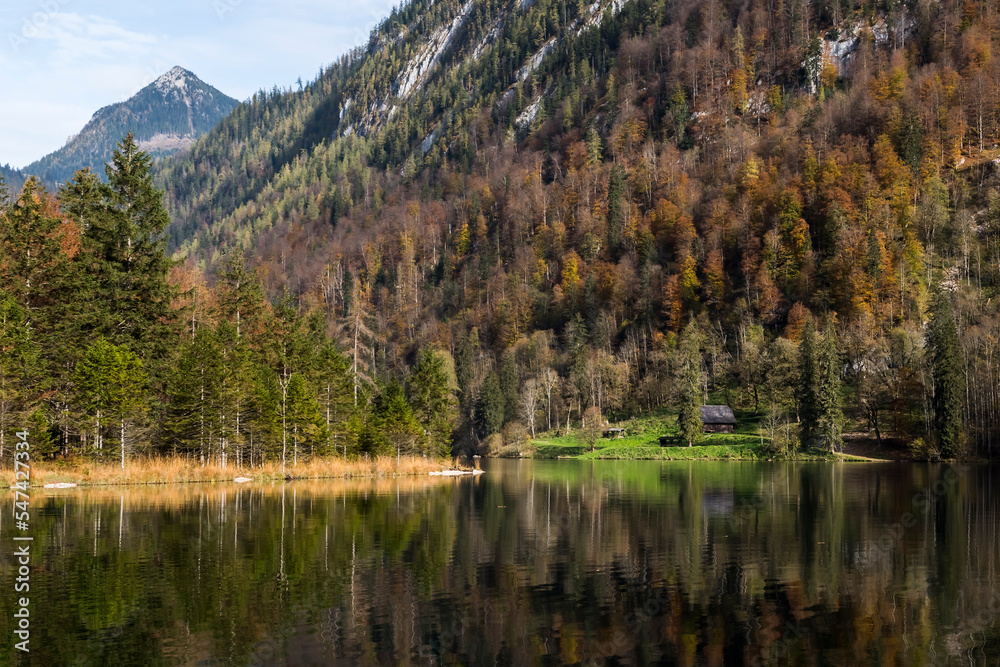 Panoramic view of Lake Konigssee,  Watzmann mountain  in autumn, Berchtesgadener Land, Bavaria, Germany