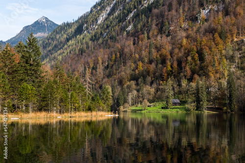 Panoramic view of Lake Konigssee, Watzmann mountain in autumn, Berchtesgadener Land, Bavaria, Germany