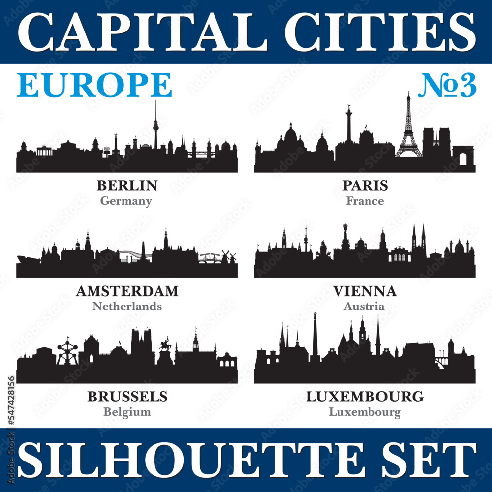 Capital cities silhouette set. Europe. Part 3