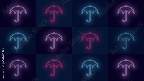 Pulsing neon rainbow umbrella pattern in rows, motion abstract disco, club and party style background