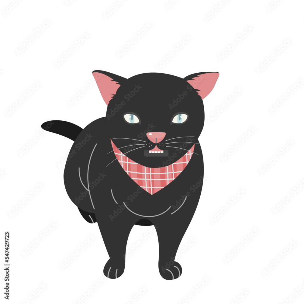 Fototapeta premium Cute black cat with scarf isolated in flat vector style.