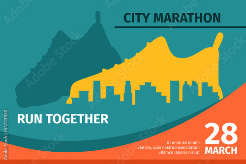 Run shoe. City marathon event banner design. Jogging sneaker. Fashion sport footwear silhouette. Urban foot. Active athlete competition. Town skyline. Vector abstract nowaday background