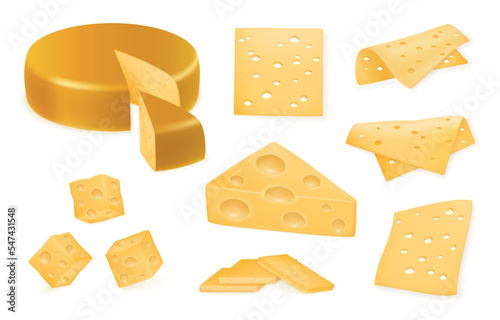 Realistic cheese set. Whole, half and food slice, natural package. Chunk cheez pieces, swiss cheddar different cutting, snack cut, yellow holes, milk product. Vector 3d neoteric illustration