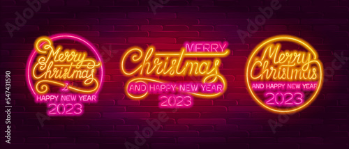 Merry Christmas and Happy New Year 2023 lettering. Vector glowing neon signs. Xmas card.
