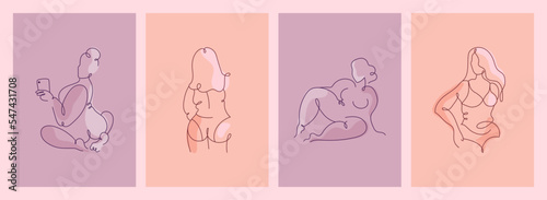 Body positive. Curvy line beauty woman. Nude female figure. Girl in bikini lingerie. Hand drawing people. Ladies posing and taking selfies. Outline silhouettes. Vector abstract cards set