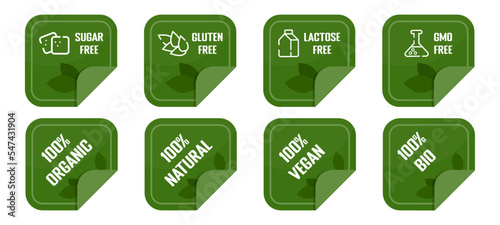 Green labels. Sugar and lactose free, milk logo. Organic vegan farm products, natural non gluten stamp, fresh diet food. Square elements with curved contour. Vector stickers, current emblems