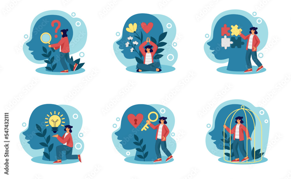 Fototapeta premium Mental health. Positive psychology mind. Stress or sick emotions. Self care or meditation. Woman and human big head. Wellness and balance. Vector cartoon tidy psychotherapy concepts set