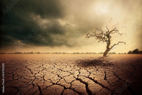 paysage de sécheresse, désert vide de sable au sol craquelé avec un arbre mort